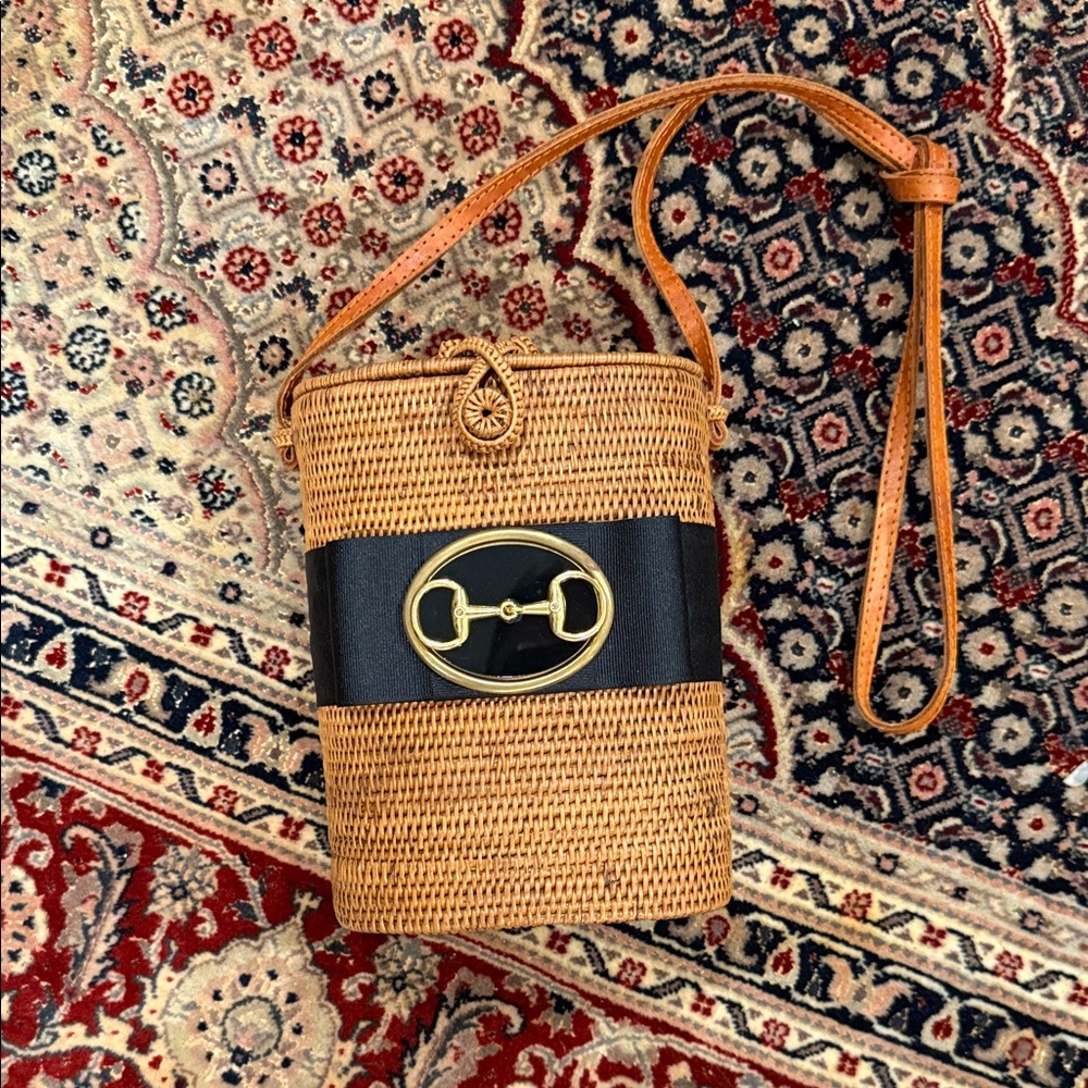 Vintage Bosom Buddy Bag Tan Woven Crossbody Bag with Black Accent and Horse Bit